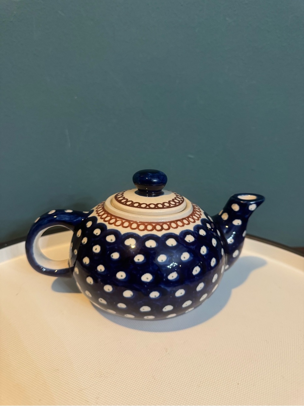 Boleslawiec Polish Pottery Small Blue Peacock Polka Dot Teapot - Picture 3 of 8
